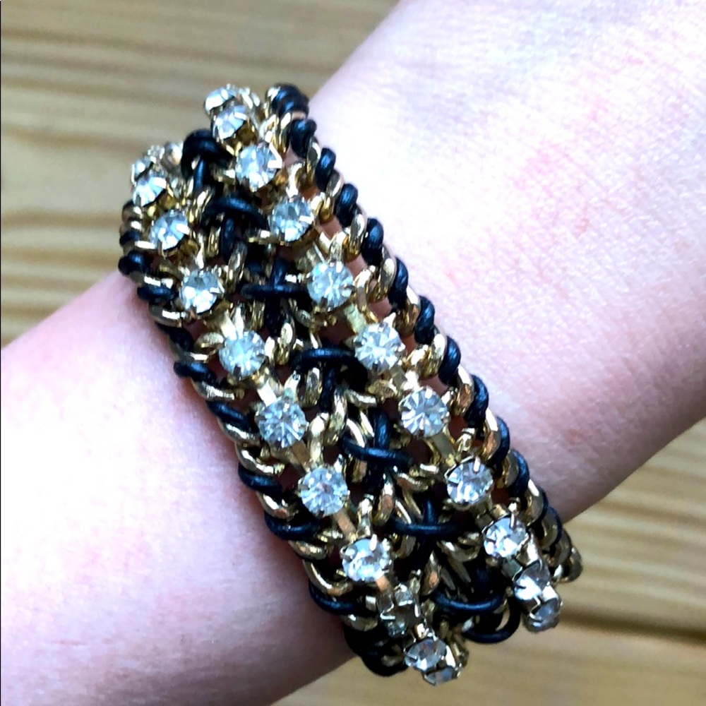 Soft black leather and gold chain detail bracelet